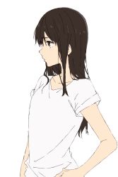 Rule 34 | 1girl, bad id, bad twitter id, black hair, closed mouth, collarbone, curecu8, expressionless, hand on own hip, highres, koe no katachi, long hair, purple eyes, shirt, short sleeves, simple background, solo, t-shirt, ueno naoka, white background, white shirt