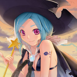 Rule 34 | 1girl, bare shoulders, braid, cape, fang, hat, looking at viewer, original, otosume ruiko, pink eyes, short hair, smile, solo, star (symbol), twin braids, wand, witch hat