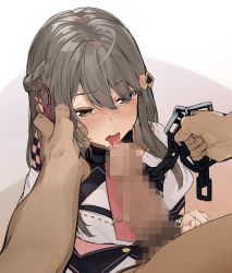 Rule 34 | 1boy, 1girl, ahoge, blush, braid, brown eyes, brown hair, censored, chain, chain leash, collar, commission, dress, fellatio, french braid, grabbing another&#039;s hair, hair ornament, hairclip, hetero, highres, holding, holding leash, indie virtual youtuber, kusunoki shio, leash, licking, licking penis, long hair, long sleeves, looking at viewer, metal collar, mosaic censoring, nail polish, necktie, nose blush, open mouth, oral, penis, pink nails, pink necktie, pointy ears, pov, puffy long sleeves, puffy sleeves, skeb commission, solo focus, tagme, tassel, tongue, tongue out, uno ryoku, virtual youtuber, white dress