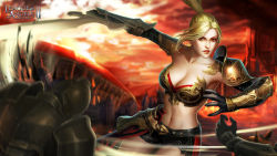 Rule 34 | 1girl, armor, artist request, bikini armor, blonde hair, breasts, brown eyes, cleavage, league of angels, league of angels ii, long hair, navel, parted lips, ponytail, realistic, solo focus, sword, weapon