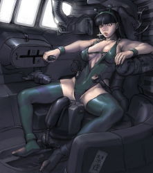 Rule 34 | 1girl, bad id, bad pixiv id, black hair, breasts, cigarette, cleavage, cockpit, junny, original, sexually suggestive, solo, thighhighs, translation request