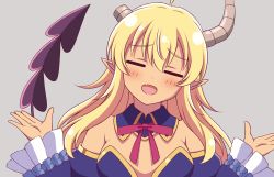 Rule 34 | 1girl, ahoge, bad id, bad twitter id, bare shoulders, blonde hair, blue sleeves, blush, breasts, broken horn, closed eyes, commentary request, demon girl, demon horns, demon tail, detached collar, detached sleeves, facing viewer, fang, frilled sleeves, frills, grey background, hair between eyes, hands up, highres, horns, lilith (machikado mazoku), long hair, long sleeves, machikado mazoku, neck ribbon, open mouth, pointy ears, red ribbon, ribbon, simple background, skin fang, solo, tail, tail raised, upper body, very long hair, zeta (24904340)
