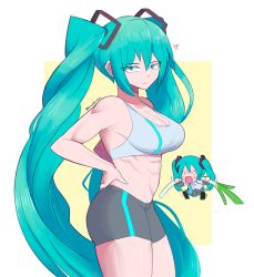 Rule 34 | 1girl, abs, absurdres, alternate costume, anger vein, angry, aqua eyes, aqua hair, breasts, chibi, chives, green onion, gus (emmarrgus), hatsune miku, highres, large breasts, muscular, muscular female, twintails, vocaloid