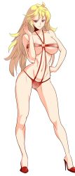 Rule 34 | 1girl, bikini, blonde hair, breasts, contrapposto, full body, hand on own hip, high heels, highres, long hair, long legs, mikazuki shigure, milla maxwell, navel, pinup (style), red bikini, red eyes, red footwear, revealing clothes, shoes, solo, standing, stiletto heels, swimsuit, tales of (series), tales of xillia, underboob, white background