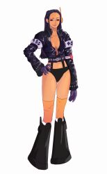 Rule 34 | 1girl, absurdres, black footwear, black panties, boots, commentary, cropped jacket, full body, gloves, hair slicked back, hand on own hip, highres, jacket, leather, leather jacket, long sleeves, nico robin, nrstq, one piece, orange thighhighs, panties, sidelocks, simple background, smile, solo, symbol-only commentary, thighhighs, underwear, white background