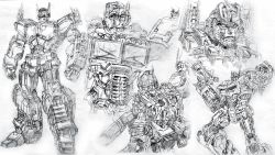 Rule 34 | autobot, character request, clenched hands, flame toys, greyscale, gun, highres, holding, holding gun, holding weapon, looking to the side, maeda hiroyuki, mecha, monochrome, no humans, optimus prime, robot, science fiction, standing, transformers, transformers (live action), weapon