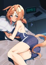 Rule 34 | 1girl, animal ears, bare arms, bare legs, bare shoulders, black one-piece swimsuit, blue eyes, blush, breasts, clock, closed mouth, digital clock, highres, horse ears, horse girl, horse tail, komb, large breasts, one-piece swimsuit, orange hair, ponytail, short hair, solo, swimsuit, tail, tracen swimsuit, umamusume, venus paques (umamusume)