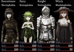 Rule 34 | 1boy, 3girls, armor, arms at sides, bare shoulders, black background, black hair, black souls, breasts, brown hat, brown skirt, brown sleeves, cleavage, closed mouth, dorothy (black souls), fairy, fairy wings, fear &amp; hunger, gameplay mechanics, green hair, green leotard, grimm (black souls), hair ribbon, hat, helm, helmet, highres, hood, hood up, jokezm, knight, leaf (black souls), leotard, lips, long hair, looking at viewer, miranda (black souls), multiple girls, orange hair, own hands together, parody, pointy ears, ribbon, skirt, standing, style parody, wings, witch, witch hat, yellow ribbon