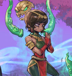 Rule 34 | 1girl, bare shoulders, breasts, brown hair, dark-skinned female, dark skin, dress, fingerless gloves, floating, floating object, gloves, grass, green pants, green shirt, karma (league of legends), league of legends, looking at hands, magic, outdoors, own hands together, pants, phantom ix row, pink eyes, purple background, red dress, red gloves, shirt, short hair, sidelocks, small breasts, solo, sweat, tentacles, tree