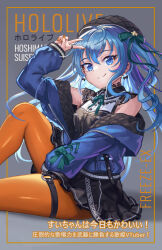 Rule 34 | 1girl, arm up, armpit crease, artist name, beret, between legs, black hat, black skirt, blue eyes, blue hair, blue jacket, bow, bowtie, breasts, character name, closed mouth, commentary, copyright name, english commentary, eyelashes, feet out of frame, freeze-ex, green bow, green bowtie, green ribbon, grey background, hair between eyes, hair bow, hand between legs, hand up, hat, hololive, hoshimachi suisei, hoshimachi suisei (streetwear), jacket, knee up, lace sleeves, legs, long hair, long sleeves, looking at viewer, miniskirt, mixed-language commentary, off shoulder, on ground, orange nails, orange pantyhose, pantyhose, pleated skirt, ribbon, short sleeves, sitting, skirt, small breasts, smile, solo, thigh strap, thighs, v, virtual youtuber