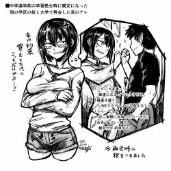 Rule 34 | 1boy, 1girl, anger vein, breasts, collared shirt, cropped legs, crossed arms, dated, greyscale, hair between eyes, kotoba noriaki, long sleeves, medium breasts, monochrome, original, remembering, shirt, short hair, short shorts, shorts, signature, smile, standing, thought bubble, translation request, wing collar