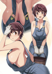 Rule 34 | 1girl, armpits, arms up, bare shoulders, blush, breasts, brown eyes, brown hair, bucket, cleavage, collarbone, downblouse, gloves, hanging breasts, highres, idolmaster, idolmaster cinderella girls, inue shinsuke, large breasts, leaning forward, looking at viewer, multiple views, naked overalls, no bra, oikawa shizuku, open mouth, overalls, short hair, sideboob, smile, sweat, white gloves, wooden bucket