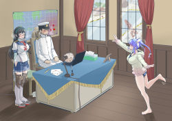 Rule 34 | 1boy, 2girls, admiral (kancolle), aftersex, alternate breast size, black hair, blue hair, blue skirt, breasts, chair, computer, crane (machine), desk, glasses, green hairband, hairband, hat, highres, holding, holding clothes, holding panties, holding underwear, i-19 (kancolle), indoors, kantai collection, laptop, large breasts, long hair, long sleeves, map, military, military uniform, mimofu (fullhighkick), miniskirt, multiple girls, naval uniform, one-piece swimsuit, ooyodo (kancolle), panties, unworn panties, peaked cap, pleated skirt, school swimsuit, school uniform, serafuku, skirt, speech bubble, swimsuit, swimsuit under clothes, thighhighs, tissue box, translated, tri tails, underwear, uniform, window, wooden floor