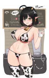 Rule 34 | 1girl, absurdres, ahoge, animal print, bikini, black hair, breasts, buff bard, cow horns, cow print, cow tail, cup, ear tag, english text, green eyes, grin, highres, holding, holding cup, horns, korean text, lactation, lactation through clothes, large breasts, menu, milk, original, pointy ears, short hair, smile, solo, speech bubble, swimsuit, tail, thighs