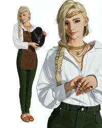 Rule 34 | 1girl, absurdres, alternate costume, apron, atamagaitai, blonde hair, blue eyes, braid, brown apron, brown footwear, commentary, contemporary, copyright name, denim, elden ring, english commentary, fashion, green pants, grin, headband, highres, jeans, jewelry, lips, long hair, long sleeves, looking at viewer, multiple rings, multiple views, necklace, pants, pink lips, queen marika the eternal, ring, sandals, shirt, simple background, smile, teeth, white background, white shirt