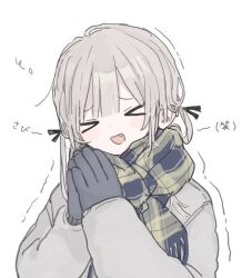 Rule 34 | &gt; &lt;, 1girl, blush, closed eyes, coat, fang, gloves, grey hair, long hair, long sleeves, open mouth, original, own hands together, plaid, plaid scarf, scarf, smile, solo, translation request, trembling, twintails, upper body, uzu (uzu xon)