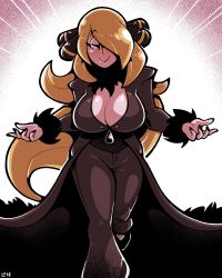 Rule 34 | 1girl, :&gt;, black coat, black pants, black shirt, blonde hair, blush, breasts, cleavage, coat, commentary, creatures (company), cynthia (pokemon), english commentary, fur-trimmed coat, fur collar, fur trim, game freak, grey eyes, hair over one eye, highres, large breasts, legendofnerd, long hair, long sleeves, nintendo, pants, pokemon, pokemon dppt, shirt, signature, solo, v-neck, very long hair, wavy hair