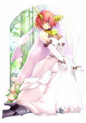 Rule 34 | 1girl, bare shoulders, blue eyes, cleavage, dress, dress grab, elbow gloves, fate/apocrypha, fate/grand order, fate (series), flower, forest, frankenstein&#039;s monster (fate), full body, gloves, hair over eyes, heterochromia, horns, looking at viewer, nature, parted lips, pink hair, see-through, see-through cleavage, short hair, single horn, solo, veil, white dress, white gloves, yellow eyes, yude