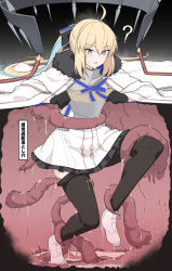 Rule 34 | 1girl, :o, ?, ahoge, black background, black bow, black gloves, black pantyhose, blonde hair, blue eyes, blue ribbon, bow, breasts, cape, fate/grand order, fate (series), frills, gloves, gradient background, grey background, hair between eyes, hair bow, high heels, kankaku shadan, large breasts, long hair, long sleeves, nipples, open mouth, pantyhose, restrained, ribbon, shiseki hirame, shoes, solo, tentacle pit, tentacles, aesc (fate), translation request, white cape, white footwear