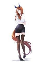 Rule 34 | 1girl, absurdres, animal ears, black footwear, black skirt, blouse, blush, brown hair, brown thighhighs, conconcon1031, dress shirt, formal, high heels, highres, horse ears, horse girl, horse tail, king halo (umamusume), long hair, long sleeves, looking at viewer, patent heels, pumps, red eyes, shirt, shoes, simple background, skirt, skirt suit, solo, stiletto heels, suit, tail, thighhighs, umamusume, white background, white shirt
