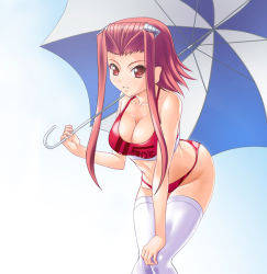 Rule 34 | 1girl, bent over, bikini, breasts, female focus, gradient background, izayoi aki, large breasts, long hair, parasol, race queen, red hair, smile, solo, swimsuit, thighhighs, umbrella, yu-gi-oh!, yu-gi-oh! 5d&#039;s