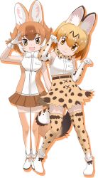 Rule 34 | 2girls, animal ears, blonde hair, bow, bowtie, brown eyes, brown hair, cat ears, cat girl, cat tail, closed mouth, dhole (kemono friends), elbow gloves, extra ears, gloves, kemono friends, kemono friends 3, kneehighs, looking at viewer, multiple girls, official art, open mouth, serval (kemono friends), shirt, shoes, short hair, skirt, sleeveless, sleeveless shirt, socks, tachi-e, tail, transparent background, wolf ears, wolf girl, wolf tail, yellow eyes, yoshizaki mine (style)