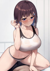 Rule 34 | 1boy, 1girl, absurdres, bare legs, bed, blush, breasts, brown hair, bulge, cleavage, closed mouth, collarbone, commentary request, girl on top, grinding, grinding over clothes, hand in own hair, highres, indoors, infirmary, karaage bou, large breasts, long hair, navel, on bed, original, purple eyes, school uniform, sitting, sitting on person, smile, sports bikini, sports bra, stomach, sweat, teasing, thighs, wet, wet clothes, white sports bra