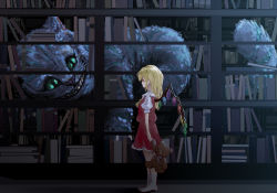 Rule 34 | 1girl, absurdres, alice in wonderland, arms at sides, ascot, blonde hair, book, bookshelf, cat, cheshire cat (alice in wonderland), collared shirt, commentary, crystal, flandre scarlet, from side, full body, green eyes, highres, holding, holding stuffed toy, long hair, looking at another, mmmarisa, no headwear, no headwear, puffy short sleeves, puffy sleeves, red skirt, red vest, sharp teeth, shirt, short sleeves, skirt, socks, solo, stuffed animal, stuffed toy, teddy bear, teeth, touhou, vest, white shirt, white socks, wide shot, wings, yellow ascot