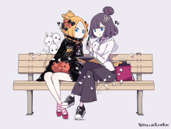 Rule 34 | !, !!, 2girls, abigail williams (fate), abigail williams (traveling outfit) (fate), bag, balloon, bandaid, bandaid on face, bandaid on forehead, belt, bench, black bow, black footwear, black jacket, blonde hair, blue eyes, bow, breasts, closed mouth, crossed bandaids, crossed legs, fate/grand order, fate (series), forehead, grey background, grey pants, hair bow, hair bun, hair ornament, hairpin, heroic spirit traveling outfit, high collar, hood, hooded sweater, jacket, katsushika hokusai (fate), katsushika hokusai (traveling outfit) (fate), legs, long hair, long sleeves, medium breasts, multiple girls, multiple hair bows, official alternate costume, orange belt, orange bow, pants, parted bangs, pen, polka dot, polka dot bow, purple hair, red footwear, short hair, shoulder bag, simple background, single hair bun, sitting, sketchbook, sleeves past fingers, sleeves past wrists, small breasts, smile, stuffed animal, stuffed toy, sweater, teddy bear, white sweater, zka