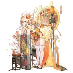 Rule 34 | 1girl, animal print, animal sticker, architecture, arm support, black footwear, blonde hair, brown eyes, carrot, china dress, chinese clothes, chinese text, dress, east asian architecture, elbow rest, flower, frilled skirt, frills, full body, girls&#039; frontline, hair between eyes, hair flower, hair ornament, hand fan, highres, holding, holding fan, lamp, lantern, light blush, long hair, looking at viewer, mk3a1 (girls&#039; frontline), mk3a1 (scarlet intoxication) (girls&#039; frontline), namyo, nightstand, non-humanoid robot, object request, official alternate costume, official art, orange dress, orange flower, paper lantern, parted lips, print dress, print thighhighs, rabbit, rabbit hair ornament, rabbit print, rabbit sticker, robot, robot animal, scrunchie, simple background, skindentation, skirt, solo, standing, sticker, stool, thighhighs, third-party source, translation request, transparent background, very long hair, weapon case, white thighhighs, window, wrist scrunchie