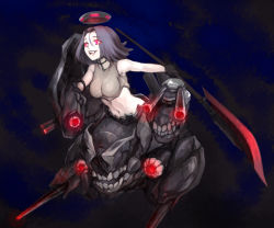 Rule 34 | 10s, 1girl, abyssal ship, bad id, bad pixiv id, commentary, dark persona, ether2nd, glaive (polearm), gloves, glowing, glowing eyes, halberd, halo, kantai collection, machinery, mechanical halo, midriff, monster, navel, pale skin, personification, polearm, purple hair, red eyes, short hair, solo, tatsuta (kancolle), turret, weapon