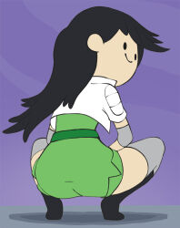 Rule 34 | 1girl, ass, black hair, boots, bravest warriors, closed mouth, cropped jacket, elbow pads, full body, green shorts, grey thighhighs, haruyama kazunori, long hair, shorts, simple background, smile, solo, tezuka beth, thighhighs, thighs, very long hair
