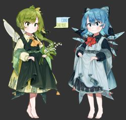 Rule 34 | 2girls, :3, absurdres, alternate costume, ascot, bad id, bad twitter id, barefoot, blue eyes, blue hair, blush, bow, bowtie, character name, cirno, clothes lift, collared dress, daiyousei, dot nose, dress, dress lift, fairy wings, flower, full body, green dress, green eyes, green hair, grey background, hair between eyes, hair bow, hair ribbon, highres, ice, ice wings, leaf, light smile, lily (flower), long sleeves, multiple girls, orange neckwear, pointy ears, red neckwear, ribbon, sash, simple background, slit pupils, star (symbol), tassel, tiptoes, touhou, useq1067, wide sleeves, wings