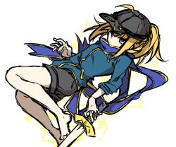 Rule 34 | 1girl, artoria pendragon (fate), barefoot, blonde hair, blue eyes, breasts, fate/grand order, fate (series), hat, long hair, mysterious heroine x (fate), ponytail, scarf, short shorts, shorts, sword, weapon