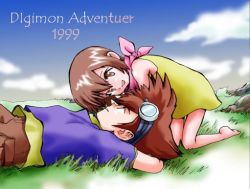 Rule 34 | 1boy, 1girl, barefoot, brother and sister, brown hair, cloud, digimon, digimon adventure, field, goggles, outdoors, red eyes, siblings, sky, smile, typo, yagami hikari, yagami taichi
