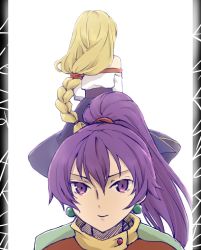 Rule 34 | 2girls, arc the lad, arc the lad ii, blonde hair, braid, closed mouth, commentary request, dress, high ponytail, kukuru (arc the lad), lieza (arc the lad), long hair, looking at viewer, multiple girls, ponytail, purple eyes, purple hair, simple background, single braid, smile, standing, surume (surume 8738), very long hair, white background