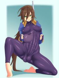 Rule 34 | 1girl, :p, absurdres, aged up, aile (mega man zx), artist name, barefoot, bodysuit, bodysuit condom, breasts, breasts apart, brown hair, bulge, condom, condom on penis, cum, cum in clothes, erection, erection under clothes, fingerless gloves, full-package futanari, futanari, gloves, green eyes, highres, huge penis, large penis, latex, latex suit, long hair, looking at viewer, low ponytail, medium breasts, mega man (series), mega man zx, mega man zx advent, necrosmos, open clothes, penis, ponytail, puffy short sleeves, puffy sleeves, shiny clothes, short sleeves, skin tight, solo, spread legs, testicles, tongue, tongue out, used condom, used condom on penis
