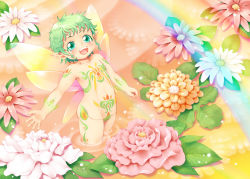 Rule 34 | 1girl, :p, blush, fairy, fairy wings, flat chest, flower, green eyes, green hair, groin, happy, lily pad, matching hair/eyes, messy hair, nude, open mouth, original, pointy ears, rainbow, short hair, sidelocks, smile, solo, tattoo, tongue, tongue out, vanilla (artist), vanilla (v-palace), water, wings