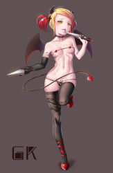 Rule 34 | 1girl, bad id, bad pixiv id, black gloves, black panties, black thighhighs, blush, breasts, covered erect nipples, demon girl, demon horns, demon wings, elbow gloves, gloves, hair ornament, highres, hk (hk), horns, knife, licking, licking blade, licking weapon, looking at viewer, navel, original, panties, simple background, single glove, small breasts, solo, standing, standing on one leg, tattoo, thighhighs, tongue, tongue out, underwear, weapon, wings, yellow eyes