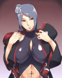 Rule 34 | 1girl, akatsuki uniform, black dress, blue hair, breasts, cleavage, closed mouth, clothing cutout, coat, dress, eyeshadow, flower, hair flower, hair ornament, konan (naruto), labret piercing, large breasts, looking to the side, makeup, midriff, naruto (series), naruto shippuuden, navel cutout, navel piercing, open clothes, open coat, orange eyes, piercing, short hair, skin tight, smile, solo, soyaka, undressing, upper body, zipper pull tab