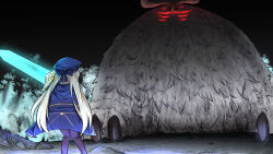 Rule 34 | 1girl, artoria caster (fate), artoria caster (second ascension) (fate), artoria pendragon (fate), beret, blonde hair, blue bow, blue cape, blue headwear, bow, cape, cernunnos (fate), commentary request, dark souls (series), fate/grand order, fate (series), giant, giant monster, glowing, glowing eyes, glowing sword, glowing weapon, hat, hat bow, highres, holding, holding sword, holding weapon, long hair, monster, moonlight greatsword, neon-tetora, pantyhose, purple pantyhose, red eyes, standing, sword, twintails, very long hair, weapon