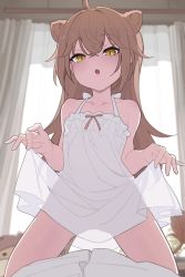 Rule 34 | 1boy, 1girl, ahoge, animal ears, blouse, blush, brown hair, clothes lift, collarbone, dress, dress lift, girl on top, hair between eyes, hetero, highres, indie virtual youtuber, indoors, kakure eria, lifted by self, lion ears, lion girl, lion tail, looking at viewer, open mouth, pov, pov crotch, rurudo lion, rurudo lion (1st costume), see-through, see-through dress, shirt, sleeveless, sleeveless dress, solo focus, tail, virtual youtuber, white dress, white shirt, yellow eyes