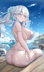 Rule 34 | 1girl, ass, back, bare shoulders, bikini, blue eyes, blue hair, blue sky, blush, bow, braid, breasts, butt crack, fate/grand order, fate (series), french braid, gold trim, hair bow, highres, kennedukennedy1, large breasts, long hair, looking at viewer, looking back, morgan le fay (fate), morgan le fay (water princess) (fate), ocean, ponytail, sidelocks, sitting, sky, solo, swimsuit, thigh strap, thighs, twin braids, v, very long hair, white bikini, white hair