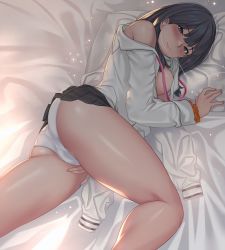 Rule 34 | 10s, 1girl, absurdres, ass, bare shoulders, bed sheet, black hair, blush, breasts, closed mouth, unworn clothes, earphones, fingernails, grey eyes, gridman universe, highres, jjanda, light particles, lips, long hair, long sleeves, looking at viewer, lying, medium breasts, off shoulder, on side, panties, pillow, pleated skirt, shiny skin, shirt, skirt, smile, solo, ssss.gridman, takarada rikka, thighs, underwear, uniform, white panties, white shirt, wire