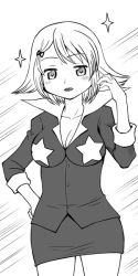 Rule 34 | 10s, 1girl, breasts, cleavage, collarbone, cowboy shot, formal, greyscale, jacket, kaname junko, mahou shoujo madoka magica, mahou shoujo madoka magica (anime), monochrome, pencil skirt, short hair, simple background, skirt, skirt suit, sleeve cuffs, sleeves past elbows, solo, sparkle, standing, star (symbol), suit, white background, yuuki akira