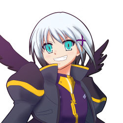 Rule 34 | blue eyes, lyrical nanoha, mahou shoujo lyrical nanoha, mahou shoujo lyrical nanoha a&#039;s, mahou shoujo lyrical nanoha a&#039;s portable: the battle of aces, lord dearche, multicolored hair, silver hair, smile, solo, white background, wings