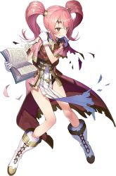 Rule 34 | 1girl, armor, blush, book, boots, breastplate, cape, capelet, fire emblem, fire emblem echoes: shadows of valentia, fire emblem heroes, full body, gaou (umaiyo puyoman), gloves, highres, holding, injury, long hair, mae (fire emblem), nintendo, official art, open mouth, overskirt, pelvic curtain, pink hair, red eyes, ryona, solo, tiara, torn clothes, transparent background, twintails, white gloves
