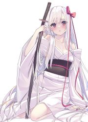 Rule 34 | 1girl, bare shoulders, blush, bow, breasts, cleavage, commentary, hair bow, head tilt, highres, holding, holding sword, holding sword, holding weapon, japanese clothes, katana, kimono, kneeling, long hair, looking at viewer, medium breasts, obi, off shoulder, open mouth, original, parted lips, red bow, red eyes, sash, sheath, sheathed, shiro youduki, simple background, sitting, solo, straight hair, sword, very long hair, weapon, white background, white hair, white kimono, wide sleeves