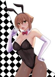 Rule 34 | 1girl, animal ears, black leotard, bow, bowtie, breasts, brown hair, brown pantyhose, checkered background, cleavage, cowboy shot, detached collar, elbow gloves, fake animal ears, gloves, green eyes, jouzaburou (joe3), kantai collection, large breasts, leotard, looking at viewer, m/, mutsu (kancolle), open mouth, pantyhose, playboy bunny, rabbit ears, red bow, red bowtie, short hair, solo, strapless, strapless leotard, two-tone background, white background, white gloves