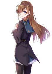 Rule 34 | 1girl, black jacket, black pantyhose, blue eyes, blue skirt, brown hair, eyepatch, fate/grand order, fate (series), hair over one eye, hand up, jacket, long hair, looking at viewer, looking back, ophelia phamrsolone, pantyhose, shanguier, simple background, skirt, solo, standing, very long hair, white background